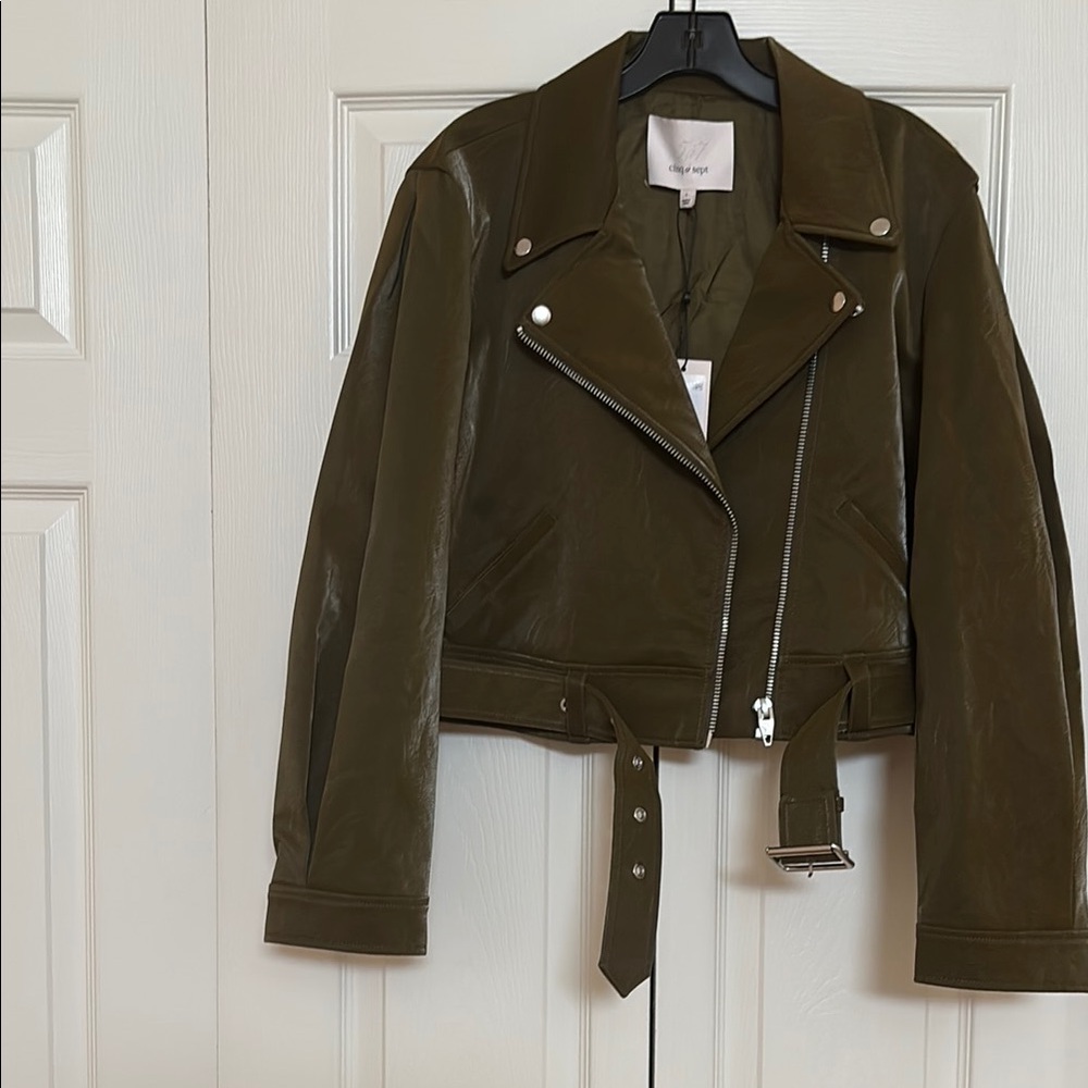 Cinq a Sept Green Leather Jacket Asymmetrical Moto Style